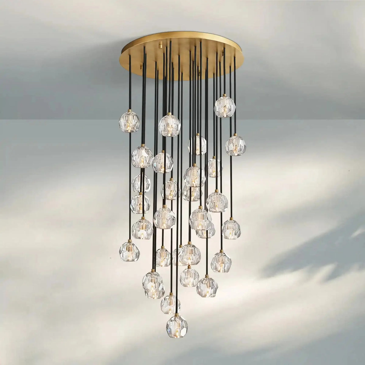Bouble De Crystal Round Cluster Chandelier-Round: 30'' 30 Light-Clear-Lacquered Burnished Brass-Lamerlighting