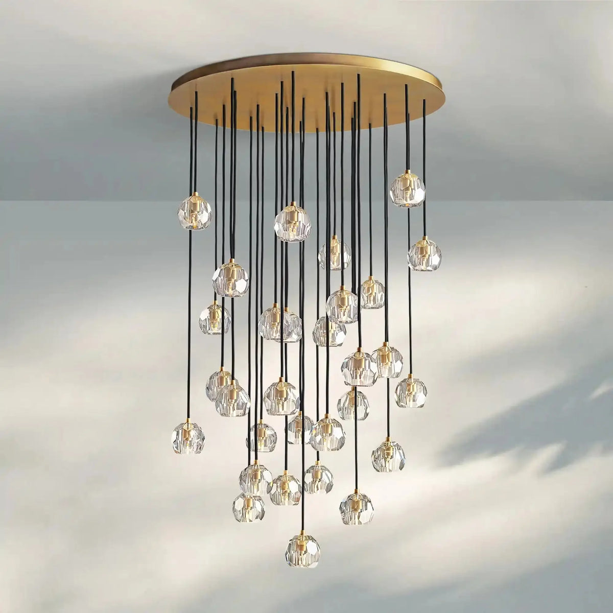 Bouble De Crystal Round Cluster Chandelier-Round: 40'' 30 Light-Clear-Lacquered Burnished Brass-Lamerlighting