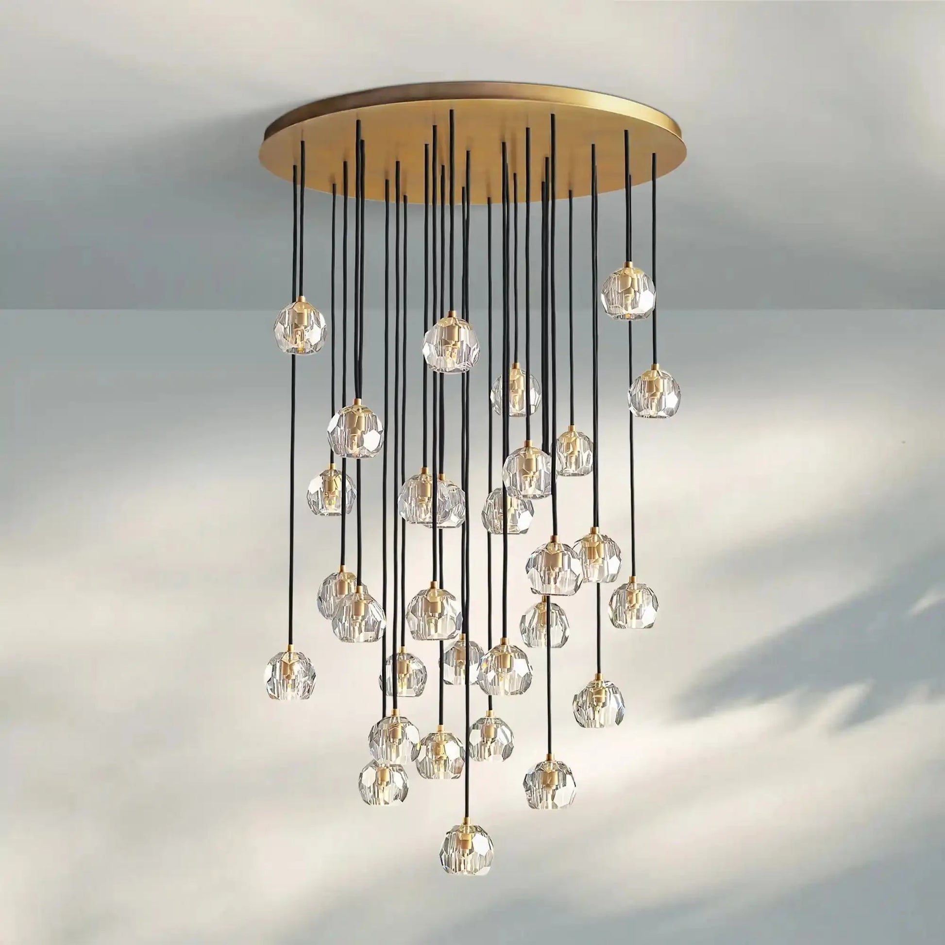 Bouble De Crystal Round Cluster Chandelier-Round: 40'' 30 Light-Clear-Lacquered Burnished Brass-Lamerlighting