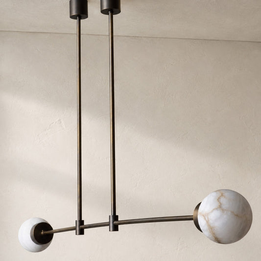 Brass and Alabaster Globes Asymmetrical Line Chandelier