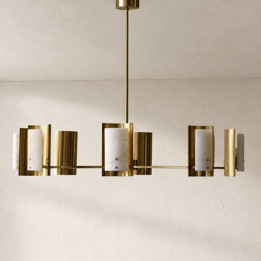 Brass and Alabaster Shield Chandelier