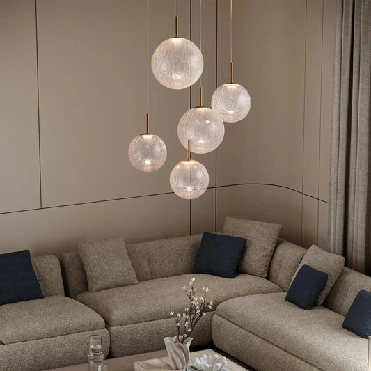 Casen Modern Round Chandelier - Hand - Blown Crackle Glass & Satin Brass LED Pendant Light - 3 - Light 20''Crackle-Lamerlighting