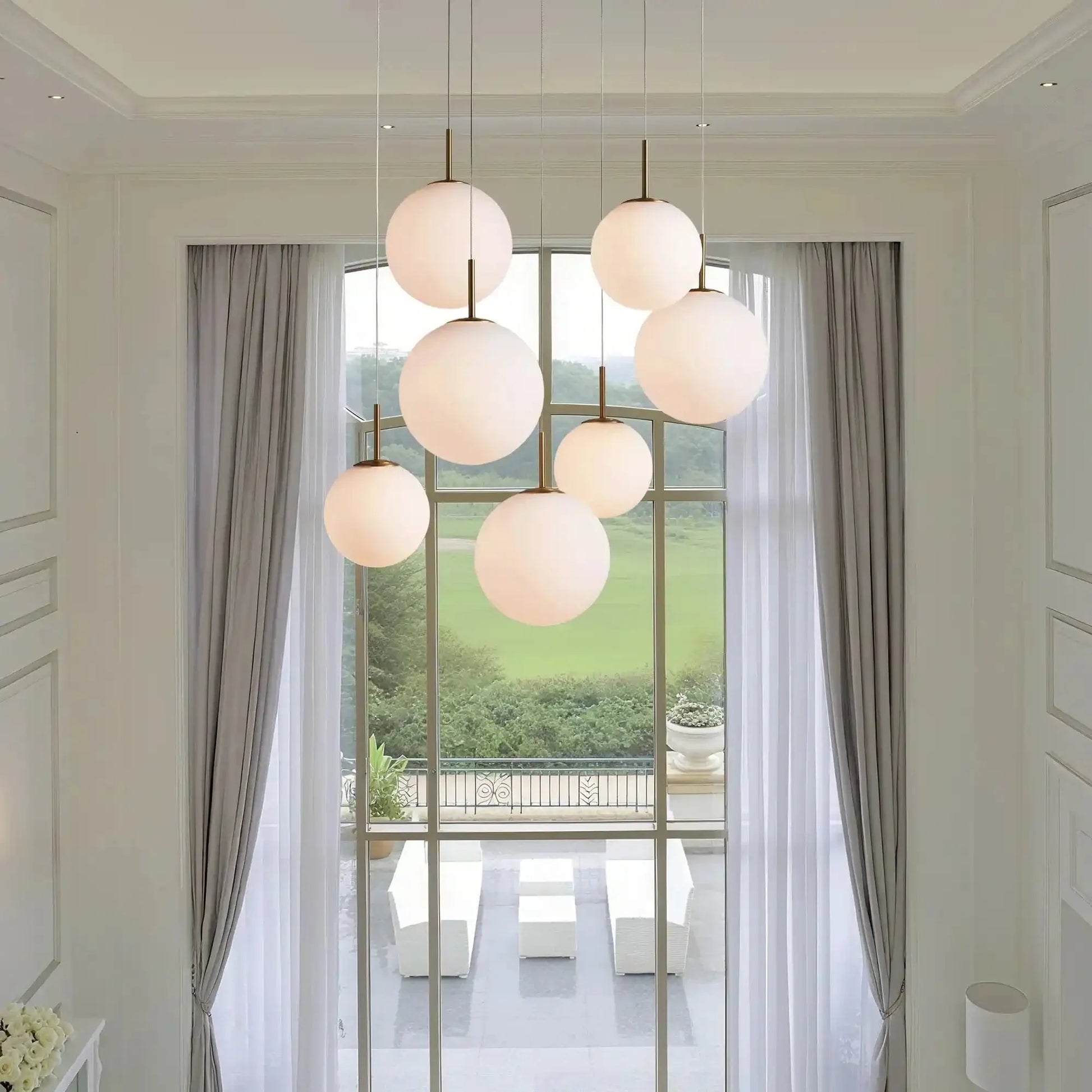 Casen Modern Round Chandelier - Hand - Blown Crackle Glass & Satin Brass LED Pendant Light - 7 - Light 34''Crackle-Lamerlighting