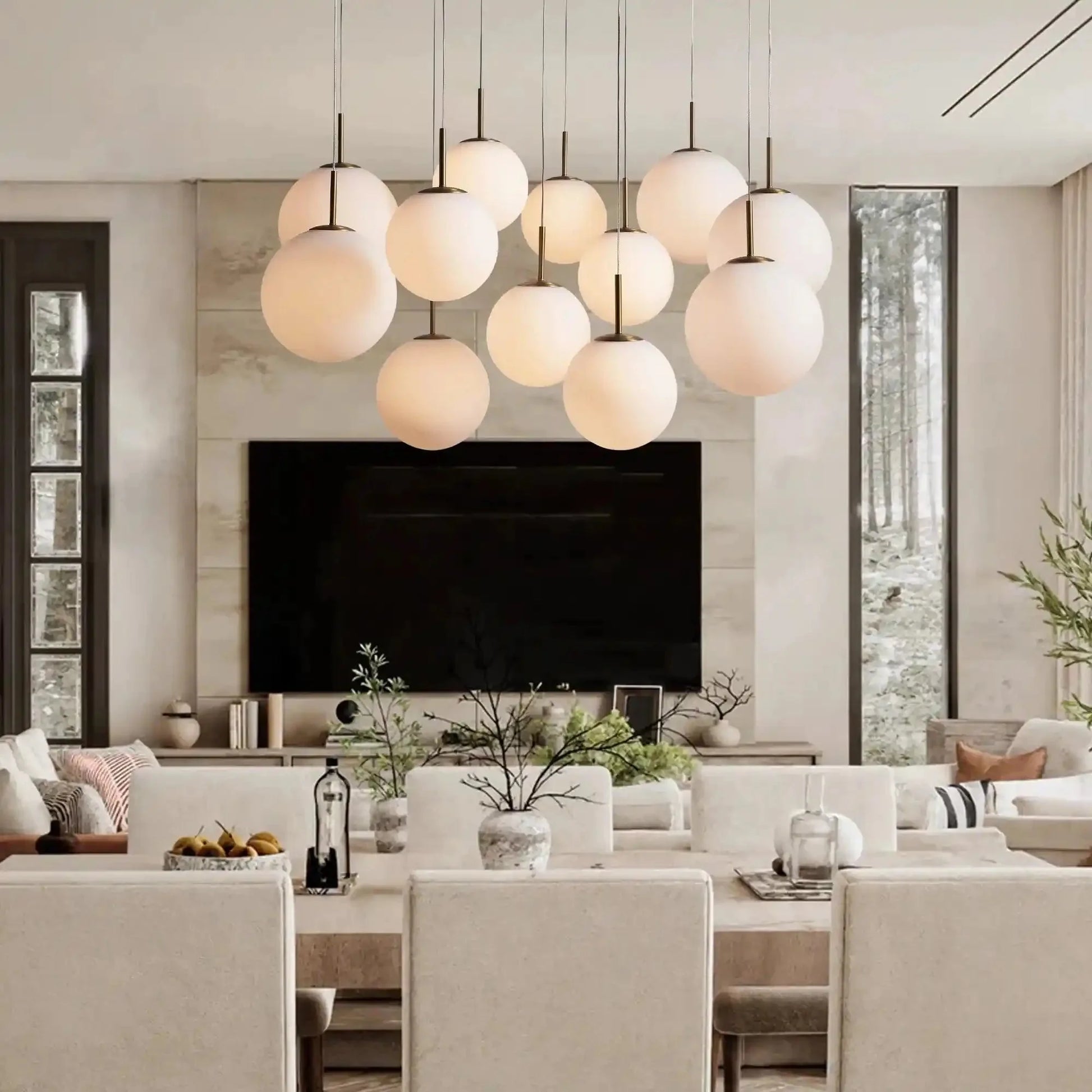 Casen Modern Round Chandelier - Hand - Blown Crackle Glass & Satin Brass LED Pendant Light - 12 - Light 43''Matte Opal-Lamerlighting