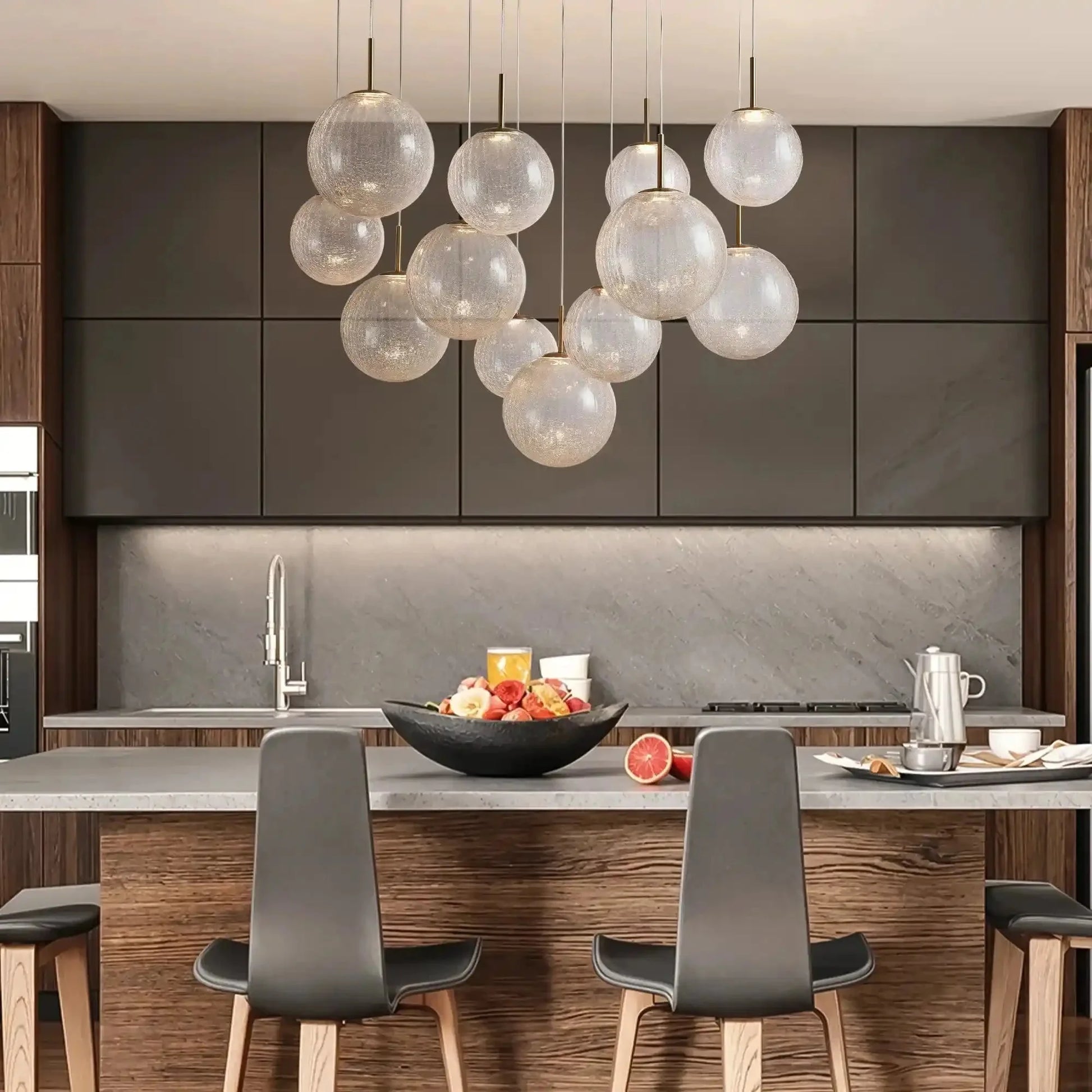 Casen Modern Round Chandelier - Hand - Blown Crackle Glass & Satin Brass LED Pendant Light - 3 - Light 20''Matte Opal-Lamerlighting