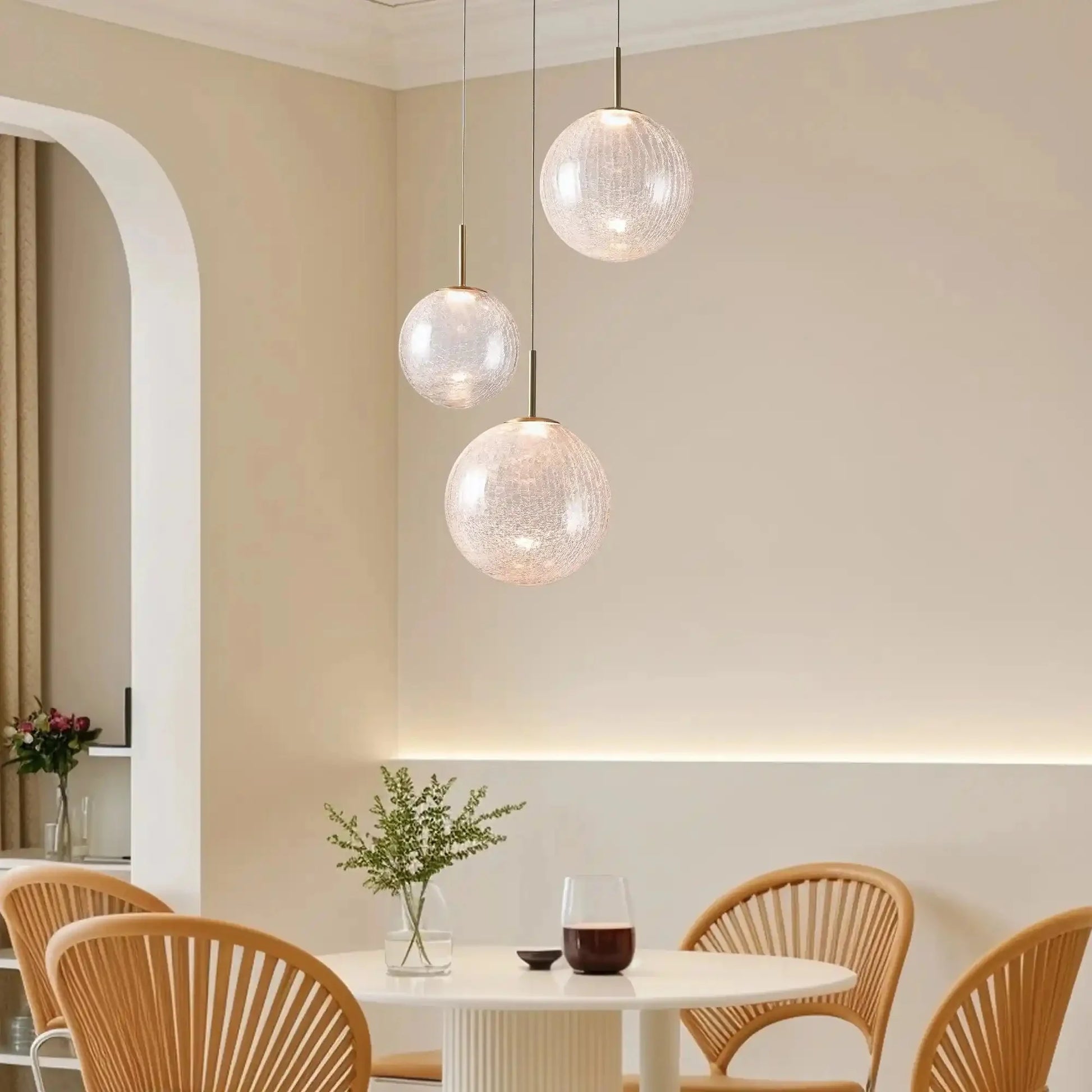 Casen Modern Round Chandelier - Hand - Blown Crackle Glass & Satin Brass LED Pendant Light - 3 - Light 20''Crackle-Lamerlighting