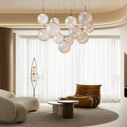 Casen Modern Round Chandelier - Hand - Blown Crackle Glass & Satin Brass LED Pendant Light - 3 - Light 20''Crackle-Lamerlighting