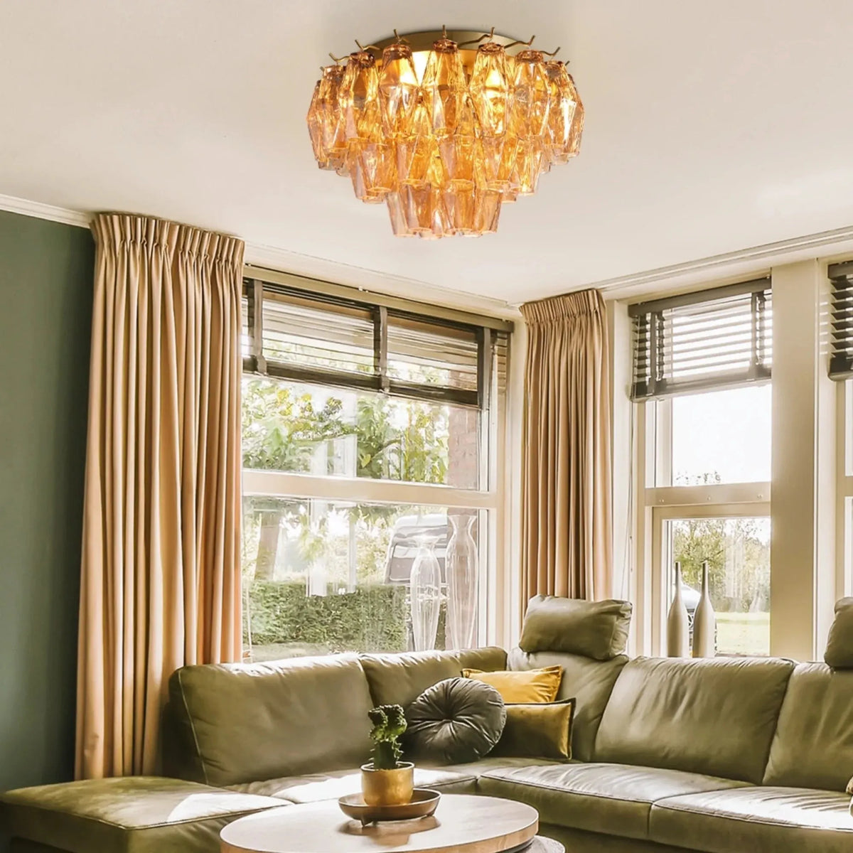 Chiare Glass Round Flush Mount 17" 24‘’-17''-Lacquered Burnished Brass-Smoke-Lamer Lighting