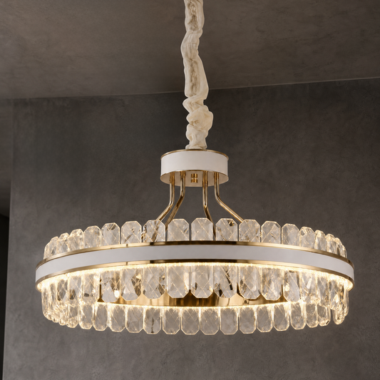 Modern Champagne Gold Leather and Crystal Chandelier