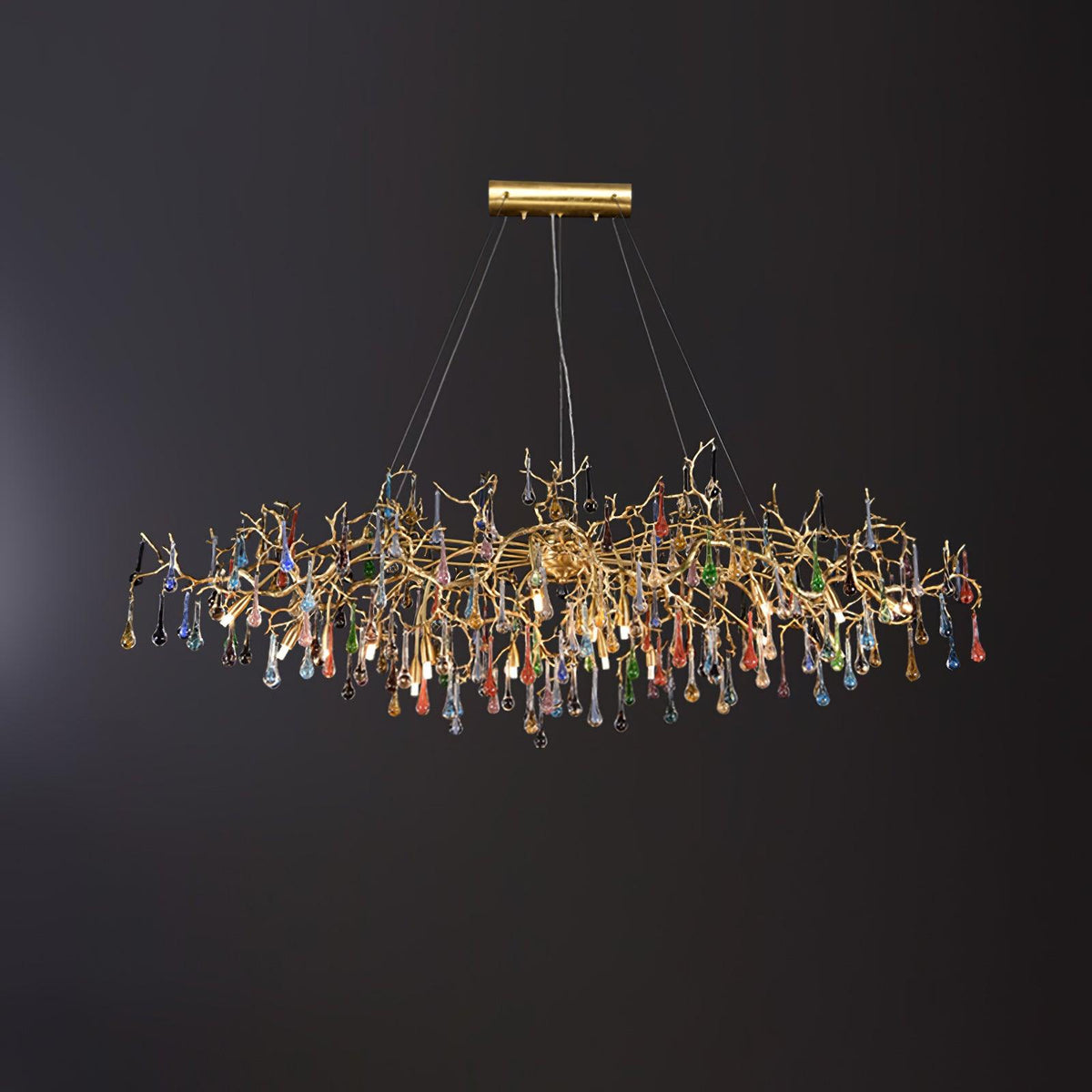 Colorful Raindrop Brass Branch Chandelier with Crystal Accents