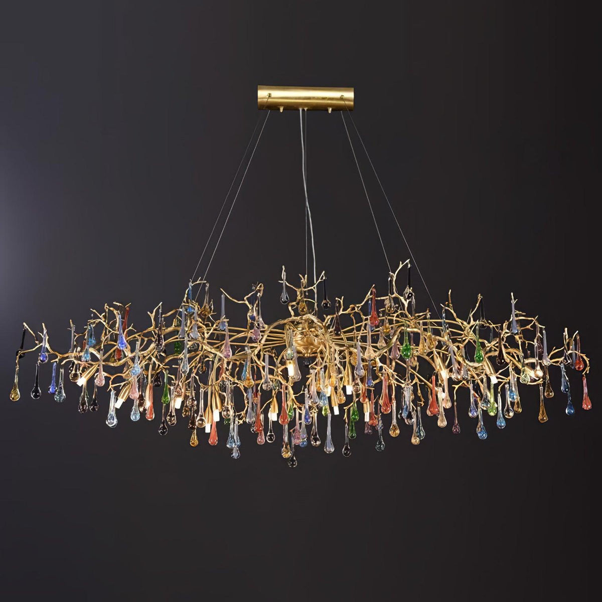 Colorful Raindrop Brass Branch Chandelier with Crystal Accents