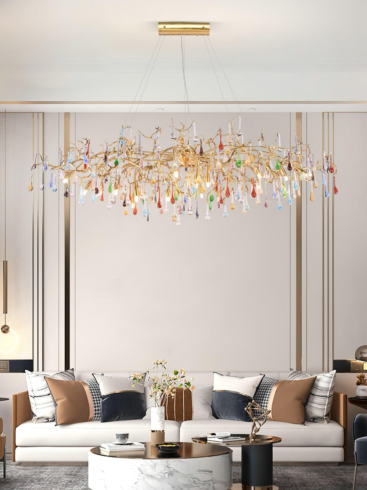 Colorful Raindrop Brass Branch Chandelier with Crystal Accents