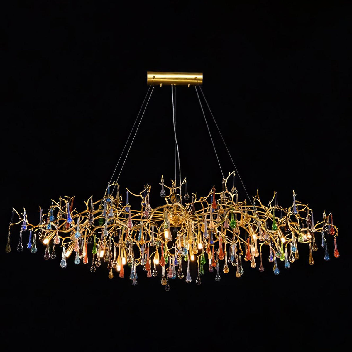 Colorful Raindrop Brass Branch Chandelier with Crystal Accents