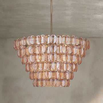Contemporary Brass and Amber Glass Chandelier, 34"