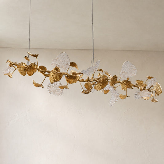 Contemporary Brass Glass Leaf Linear Chandelier, 78.7 Inch