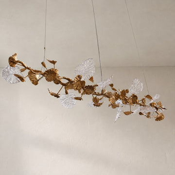 Contemporary Brass Glass Leaf Linear Chandelier, 78.7 Inch