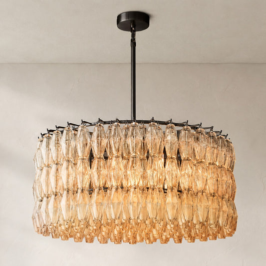 Contemporary Burnished Brass Clear Glass 14-Light Round Chandelier