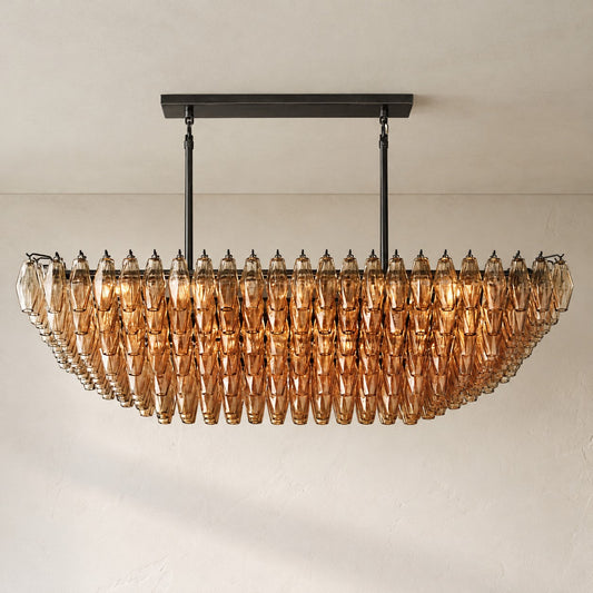 Contemporary Burnished Brass Smoke Glass 19-Light Tiered Rectangular Chandelier
