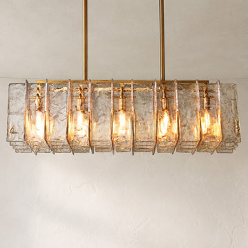 Contemporary Satin Nickel Clear Glass 10-Light Rectangular Chandelier, 49 Inch