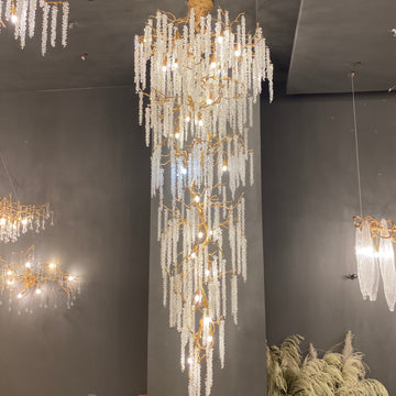 Modern Brass Crystal Icicle Staircase Chandelier, 39 Inch