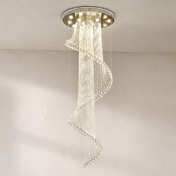 Flush Mounted Spiral Crystal Drops Chandelier Round LED Ceiling Lighting Fixture For Foyer Staircase/ Hotel Entrance