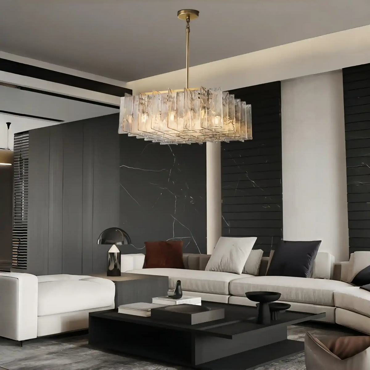 Lattic Clear/Smoke Class Square Chandelier 37'' For living room-Brass-Clear-Lamer Lighting