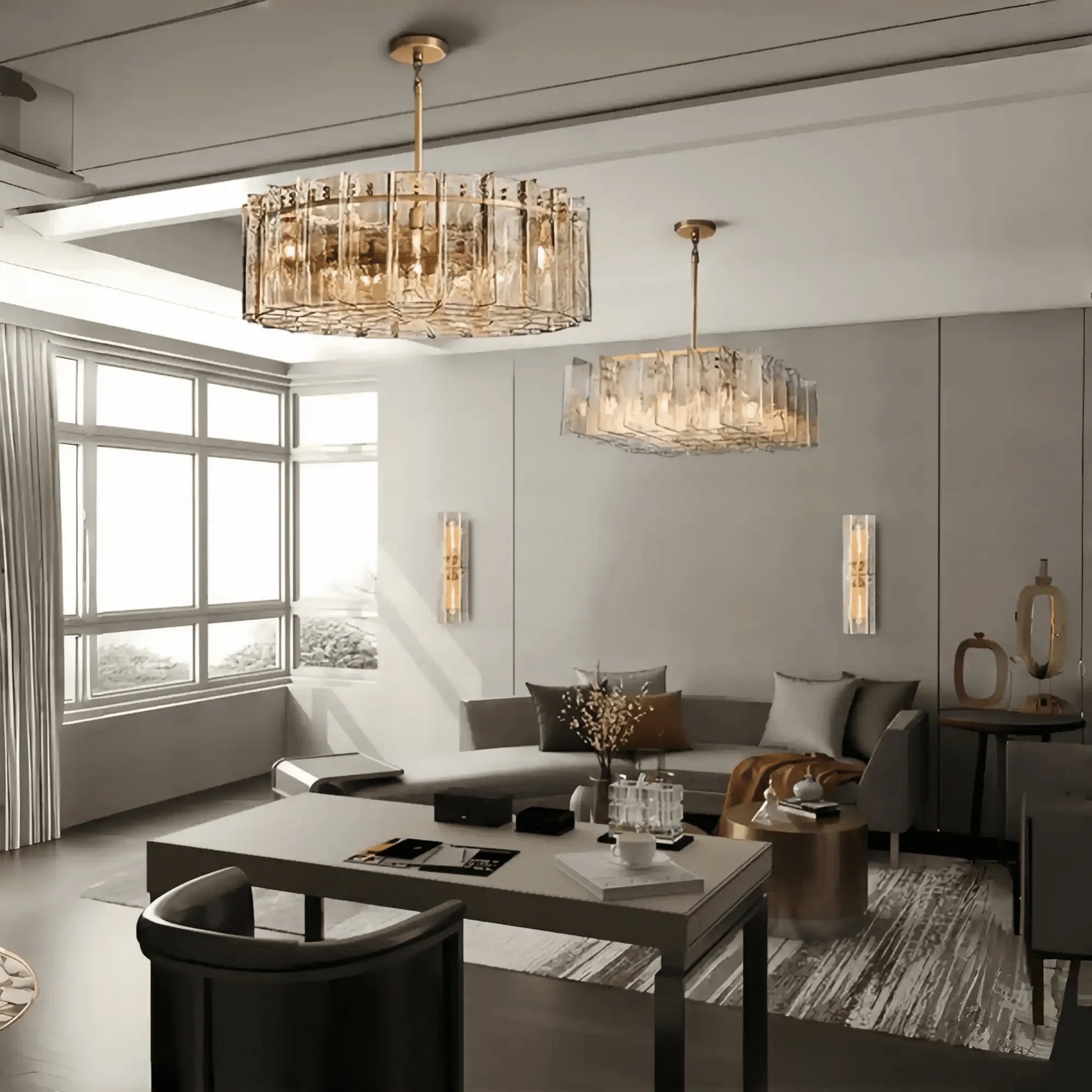 Lattic Smoke Glass Round Chandelier 36'' 48'' - 36''ClearLacquered Burnished BrassLamer Lighting