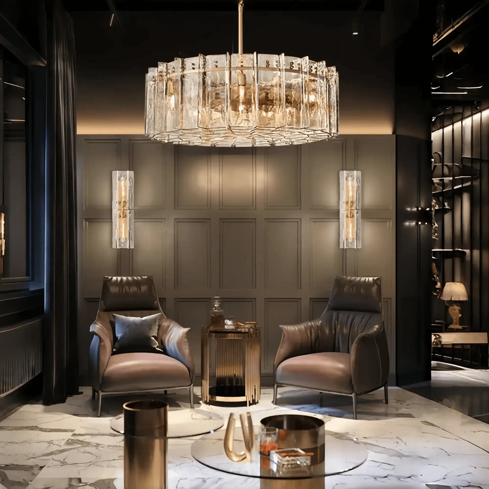 Lattic Smoke Glass Round Chandelier 36'' 48'' - 48''ClearLacquered Burnished BrassLamer Lighting