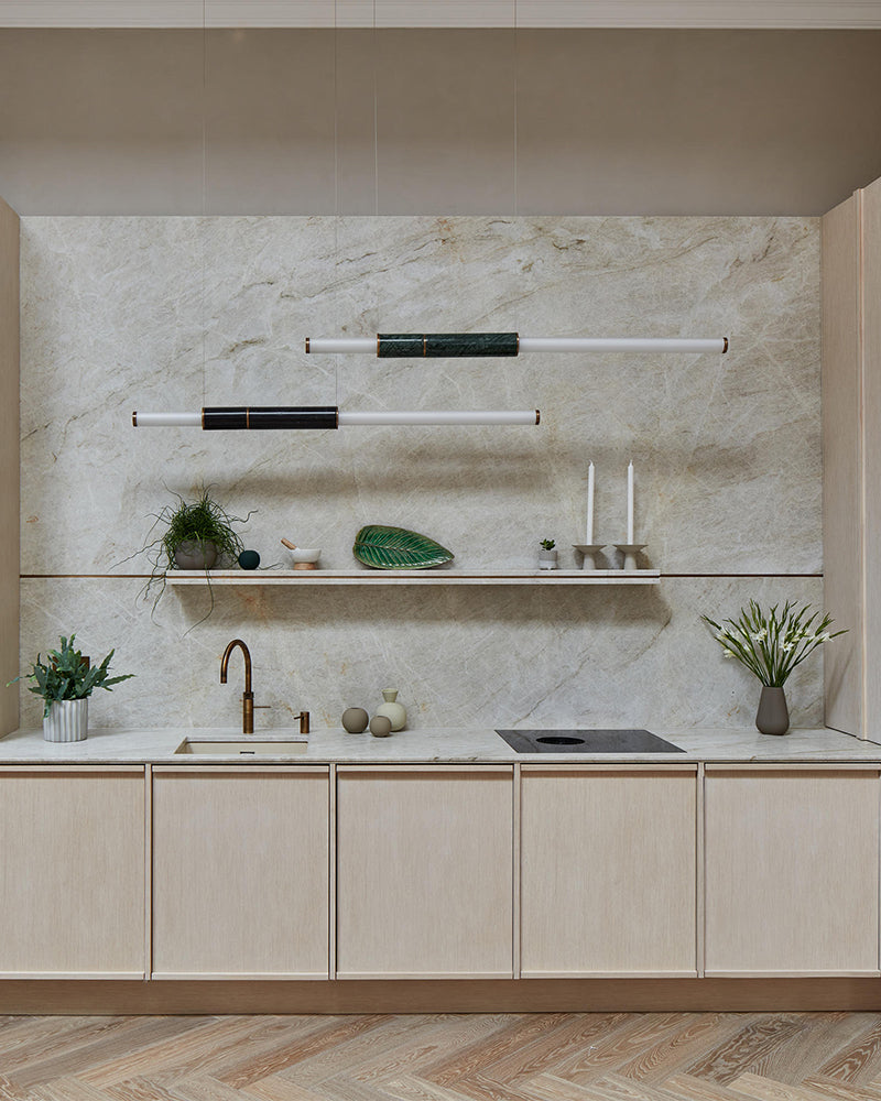 Linear Pipe Alabaster & Acrylic Pendant Light for dining room | vertically & horizontally