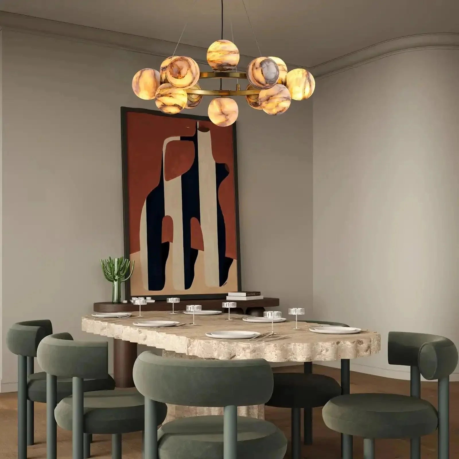 Mid Century Modern Sputnik 12 Light Gold Alabaster Globe Chandelier | Lamer Lighting (29)