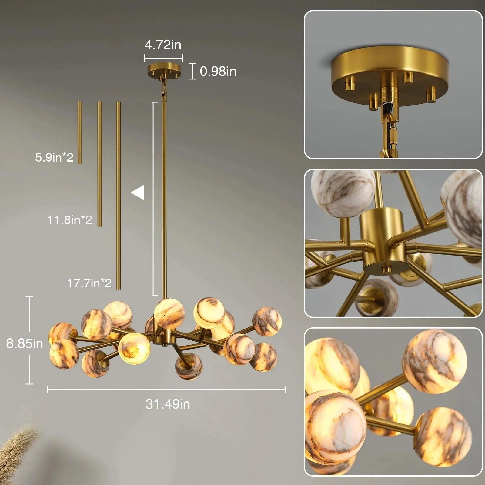 Mid Century Modern Sputnik 12 Light Gold Alabaster Globe Chandelier | Lamer Lighting (10)