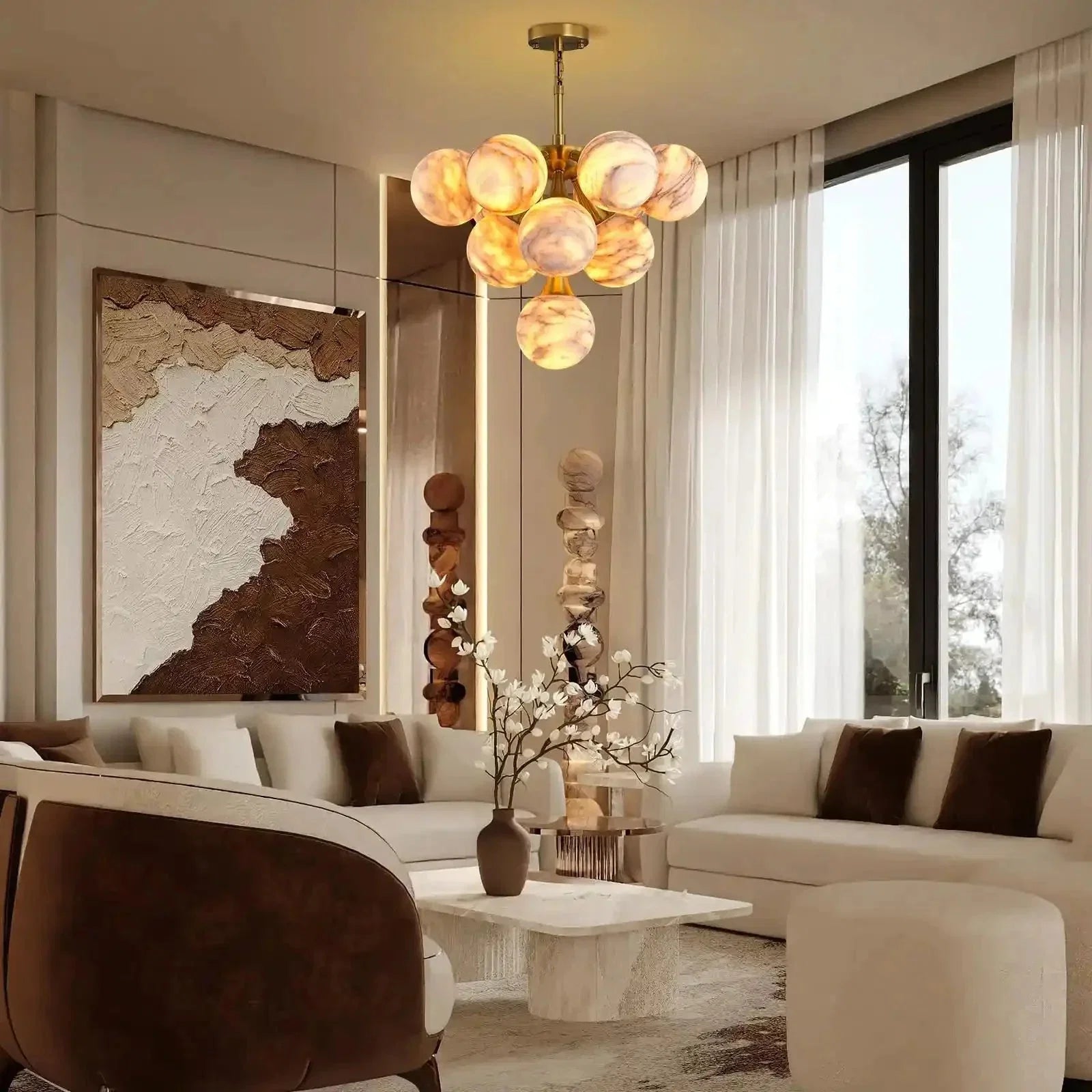 Mid Century Modern Sputnik 12 Light Gold Alabaster Globe Chandelier | Lamer Lighting (17)