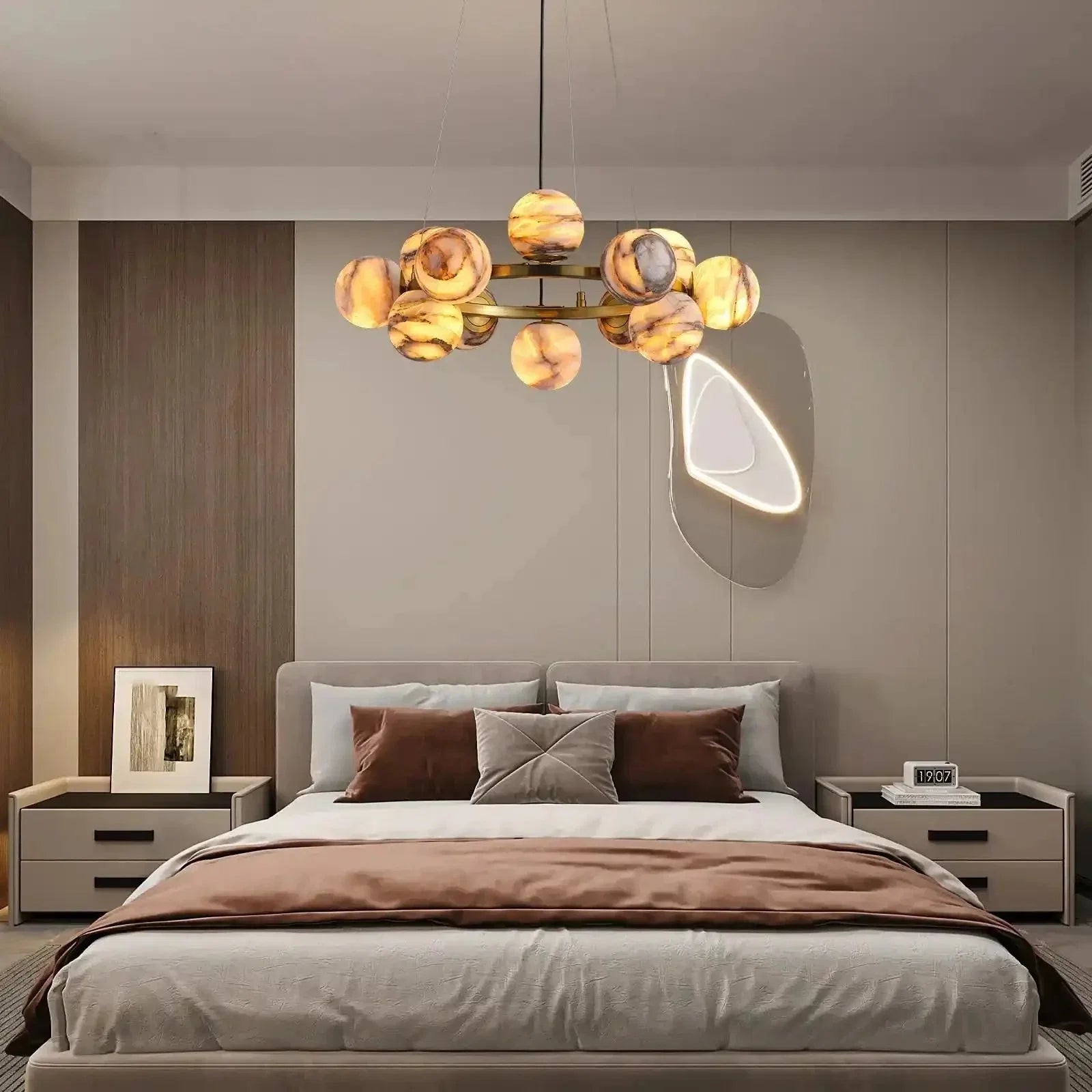 Mid Century Modern Sputnik 12 Light Gold Alabaster Globe Chandelier | Lamer Lighting (23)