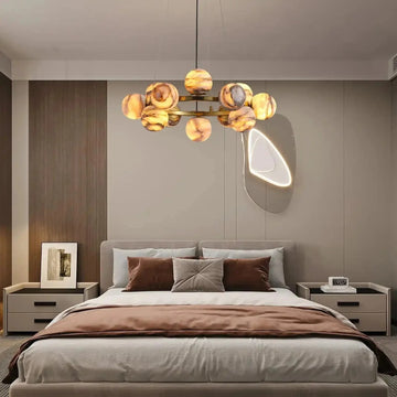 Mid Century Modern Sputnik 12 Light Gold Alabaster Globe Chandelier | Lamer Lighting (23)
