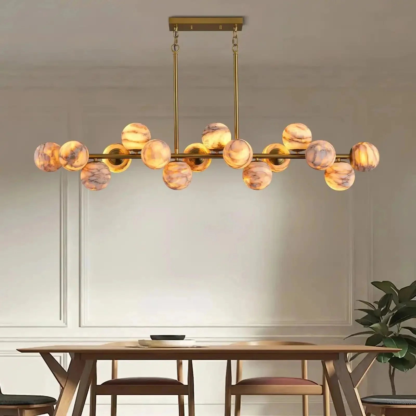 Mid Century Modern Sputnik 12 Light Gold Alabaster Globe Chandelier | Lamer Lighting (31)