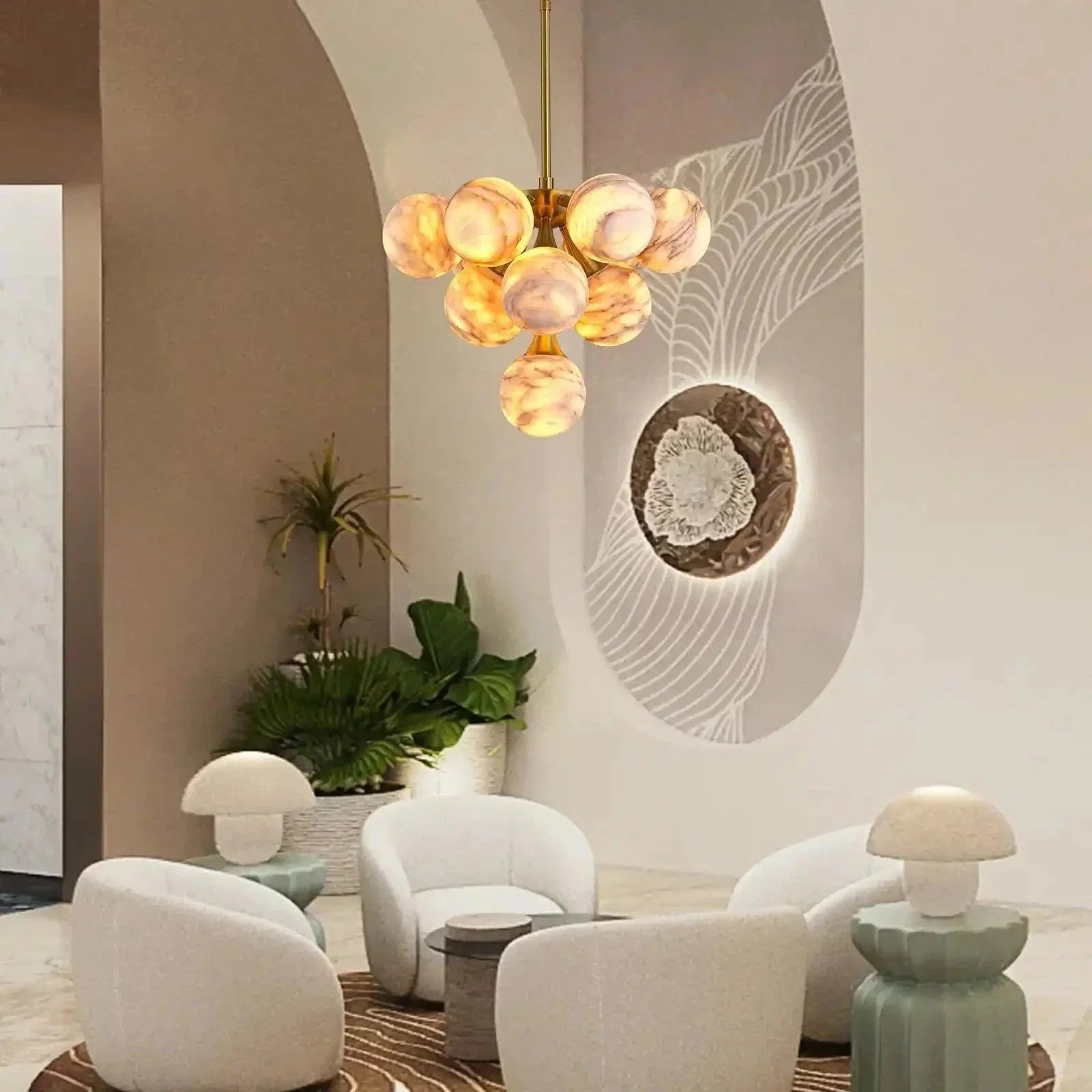 Mid Century Modern Sputnik 12 Light Gold Alabaster Globe Chandelier | Lamer Lighting (11)