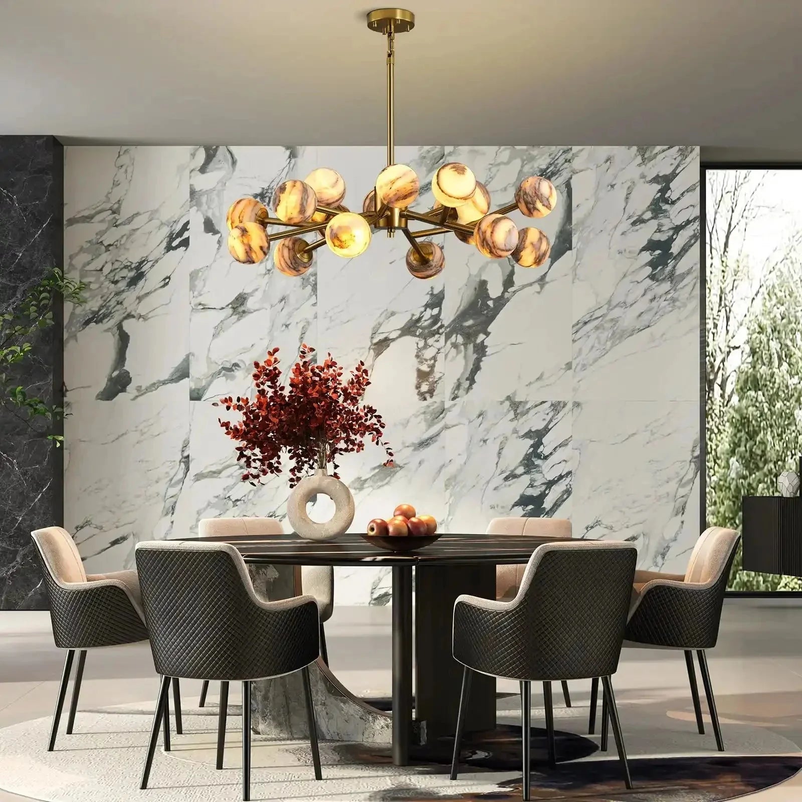 Mid Century Modern Sputnik 12 Light Gold Alabaster Globe Chandelier | Lamer Lighting (9)