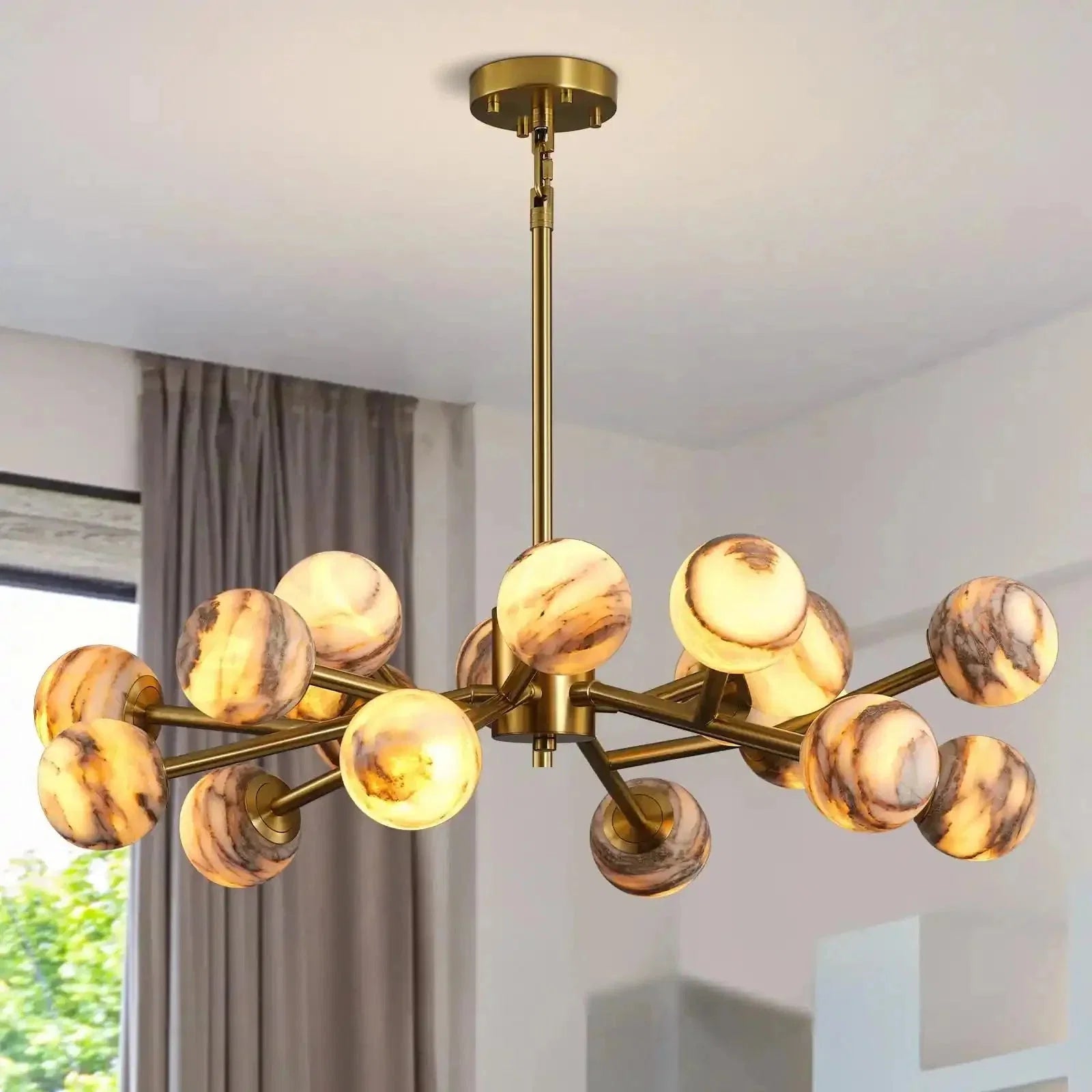 Mid Century Modern Sputnik 12 Light Gold Alabaster Globe Chandelier | Lamer Lighting (4)