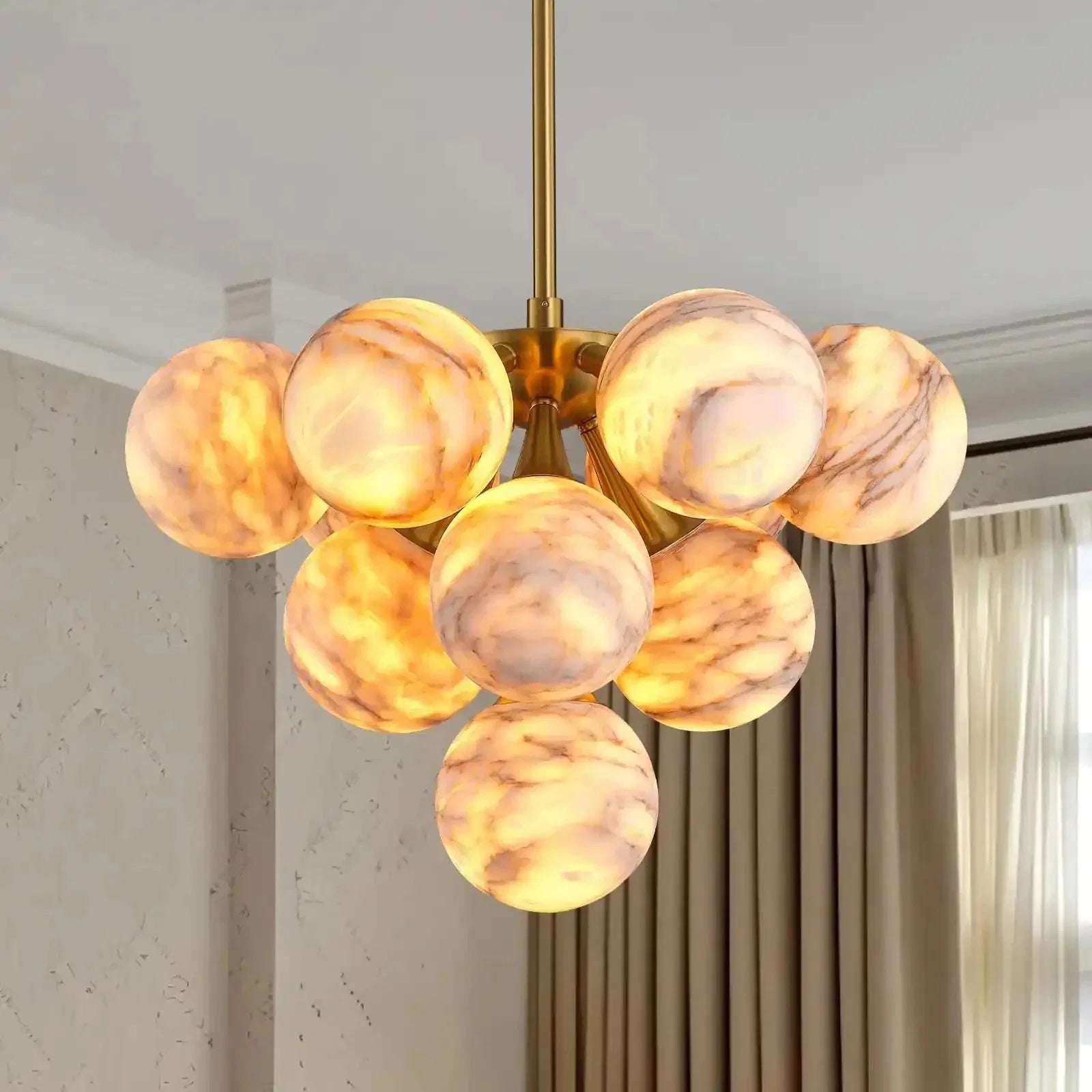 Mid Century Modern Sputnik 12 Light Gold Alabaster Globe Chandelier | Lamer Lighting (3)