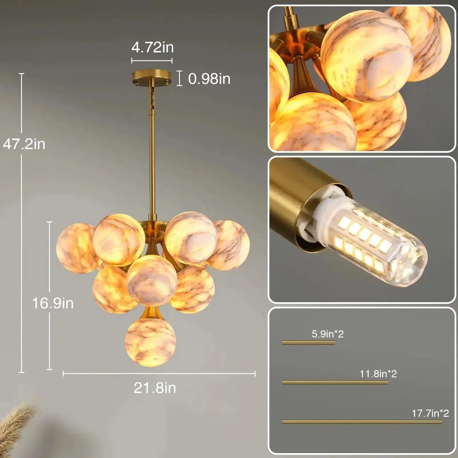 Mid Century Modern Sputnik 12 Light Gold Alabaster Globe Chandelier | Lamer Lighting (22)