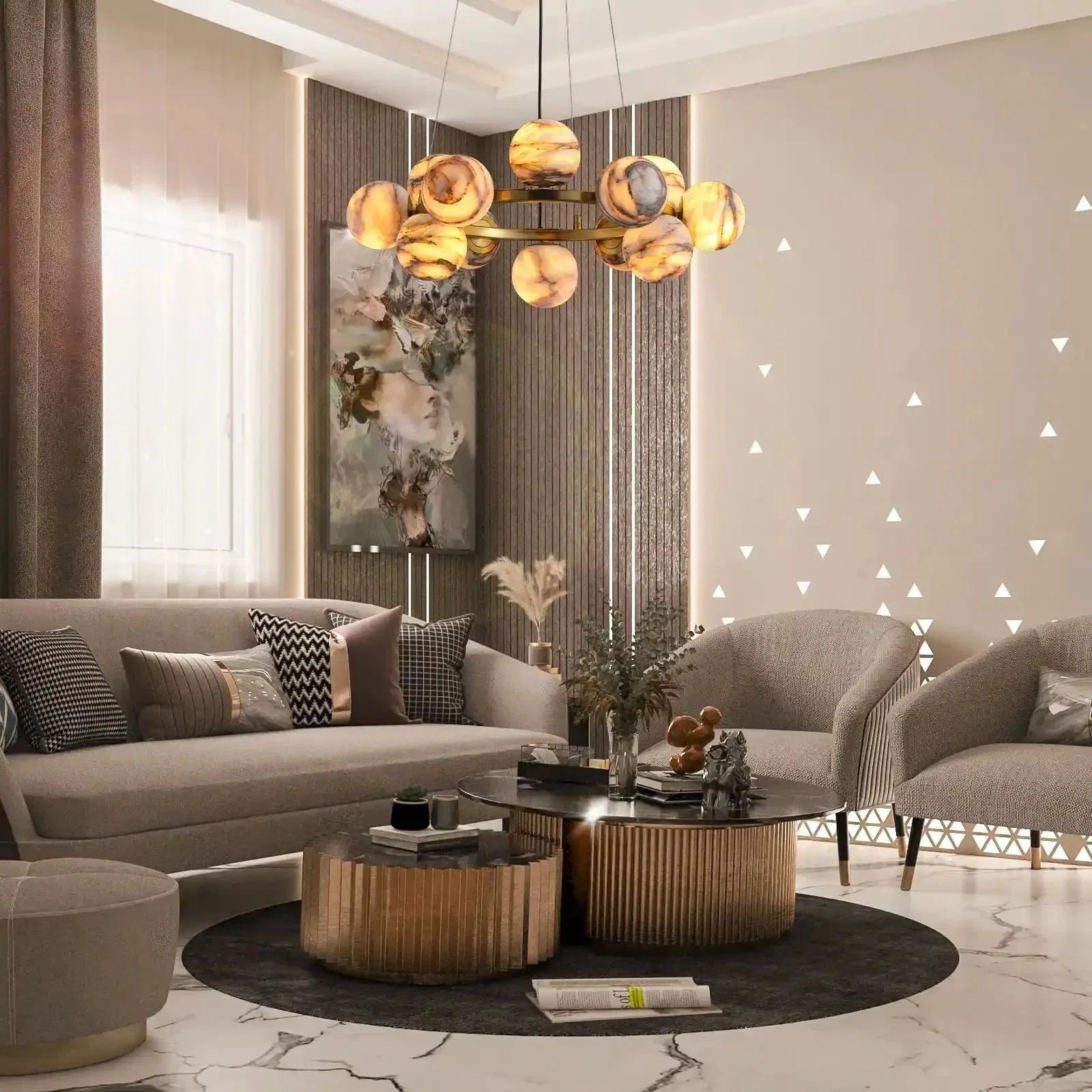 Mid Century Modern Sputnik 12 Light Gold Alabaster Globe Chandelier | Lamer Lighting (7)