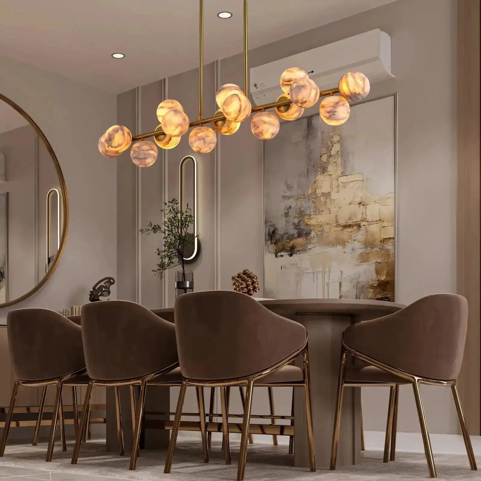 Mid Century Modern Sputnik 12 Light Gold Alabaster Globe Chandelier | Lamer Lighting (14)