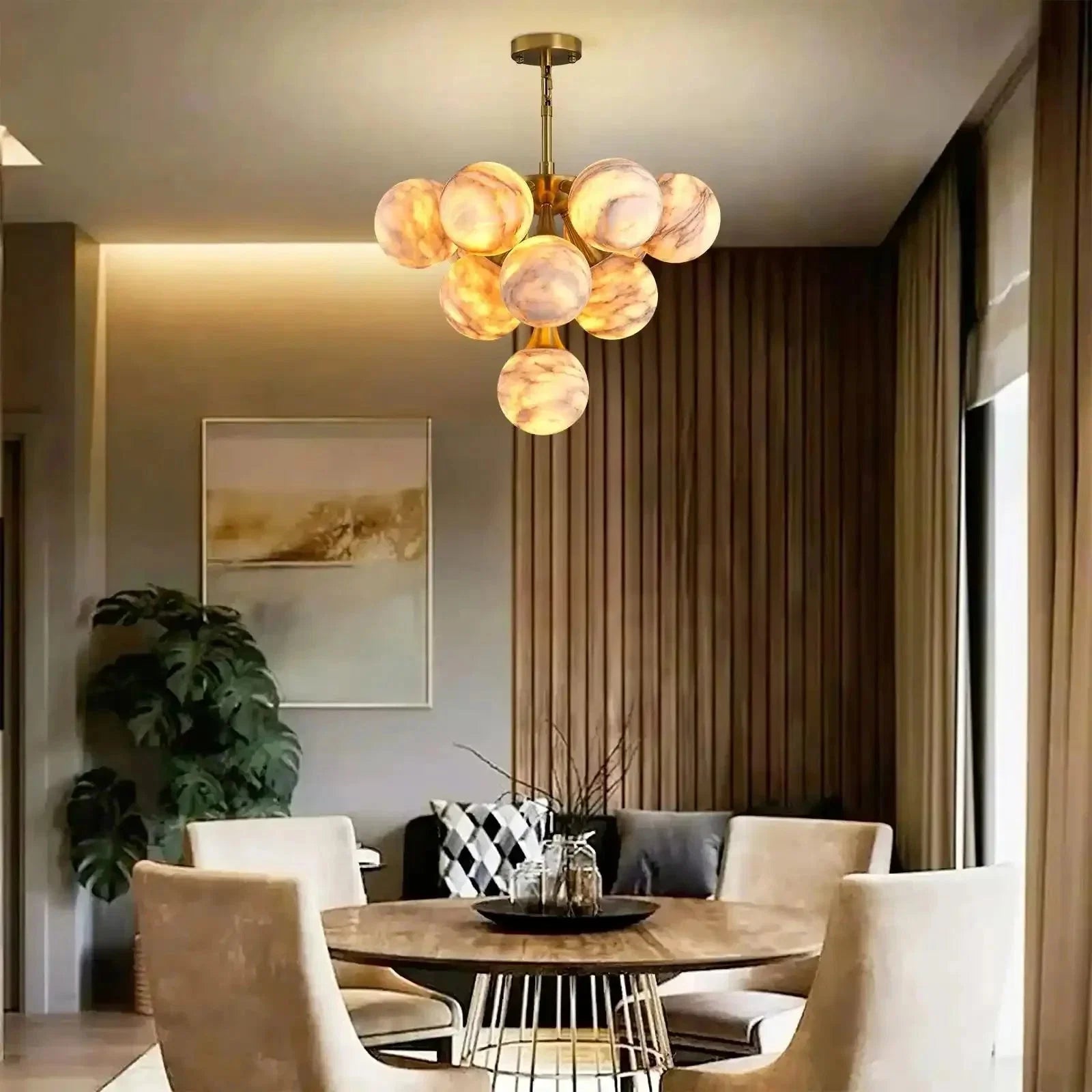 Mid Century Modern Sputnik 12 Light Gold Alabaster Globe Chandelier | Lamer Lighting (6)