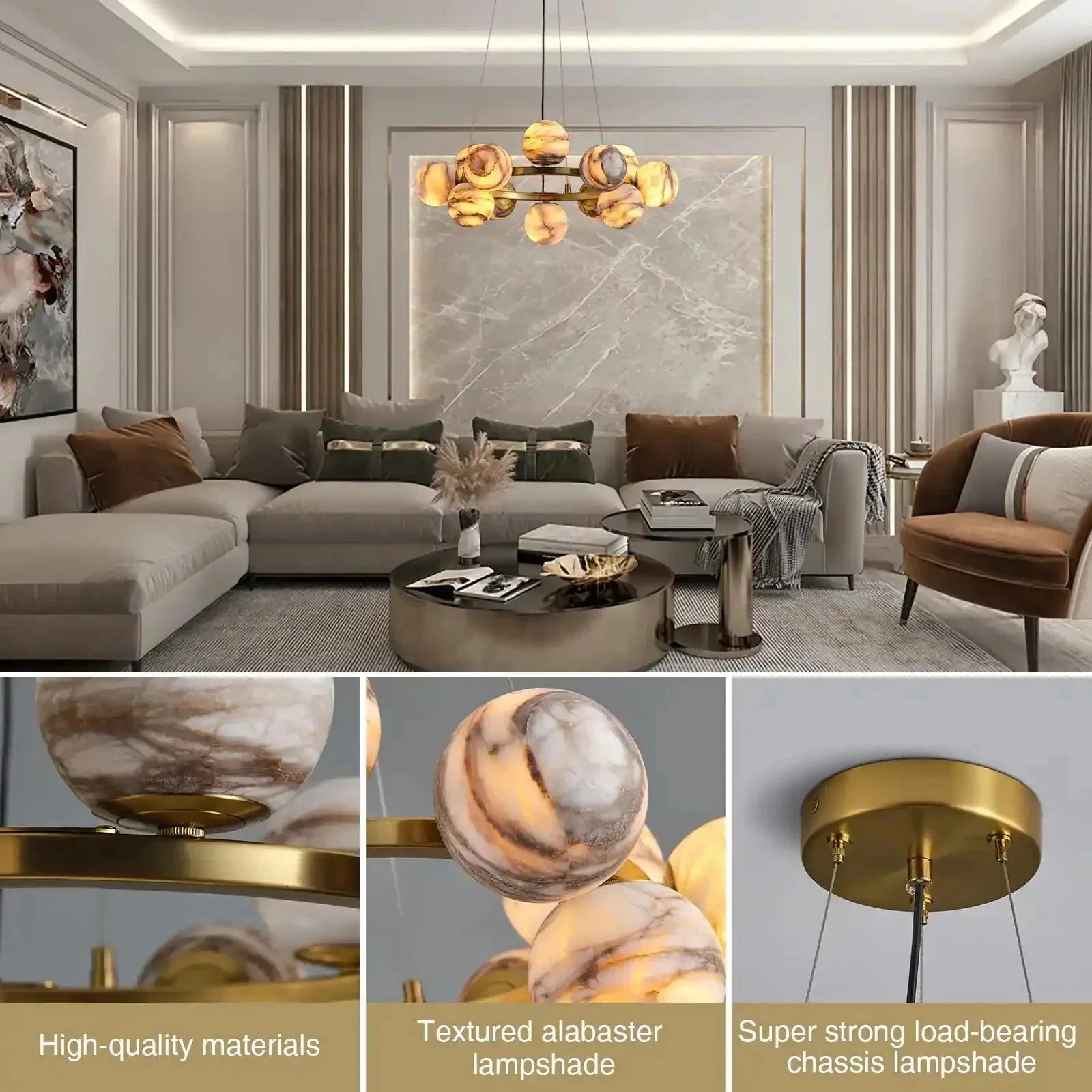 Mid Century Modern Sputnik 12 Light Gold Alabaster Globe Chandelier | Lamer Lighting (27)