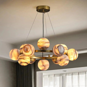 Mid Century Modern Sputnik 12 Light Gold Alabaster Globe Chandelier | Lamer Lighting (1)