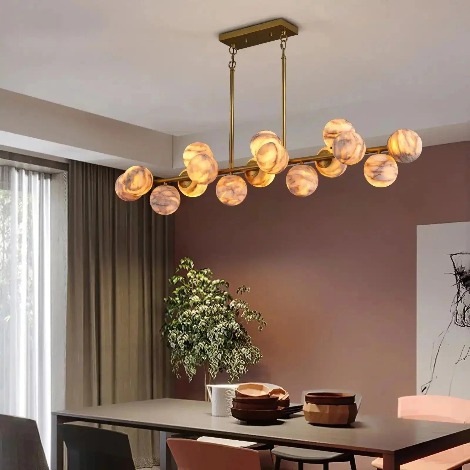 Mid Century Modern Sputnik 12 Light Gold Alabaster Globe Chandelier | Lamer Lighting (16)