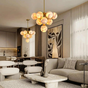 Mid Century Modern Sputnik 12 Light Gold Alabaster Globe Chandelier | Lamer Lighting (28)