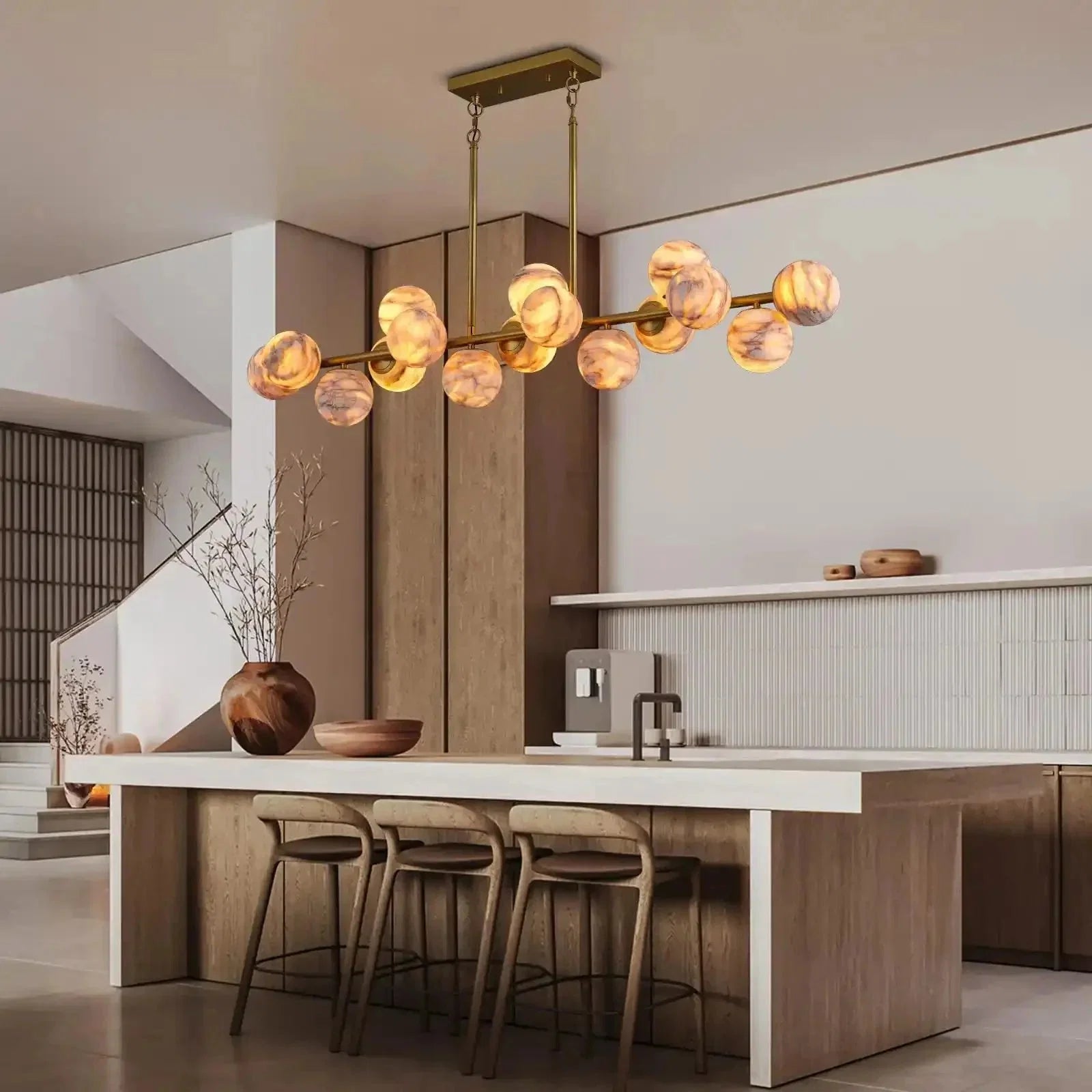 Mid Century Modern Sputnik 12 Light Gold Alabaster Globe Chandelier | Lamer Lighting (30)