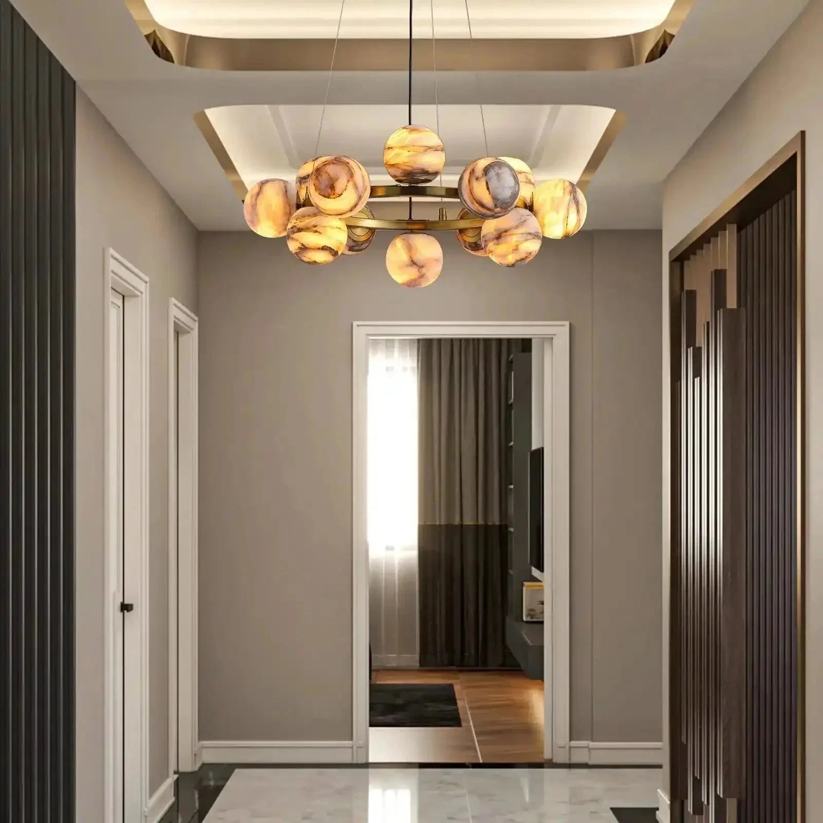 Mid Century Modern Sputnik 12 Light Gold Alabaster Globe Chandelier | Lamer Lighting (34)
