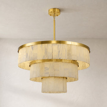 Modern 3-Tier Round Alabaster Chandelier-Gold 34"D